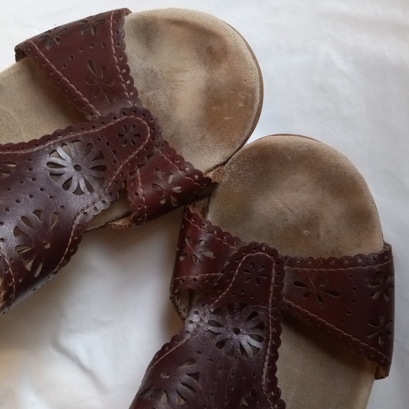 Dansko Wedge Sandals Brown Leather Slip On Wood Block Womens 40 - Picture 5 of 14